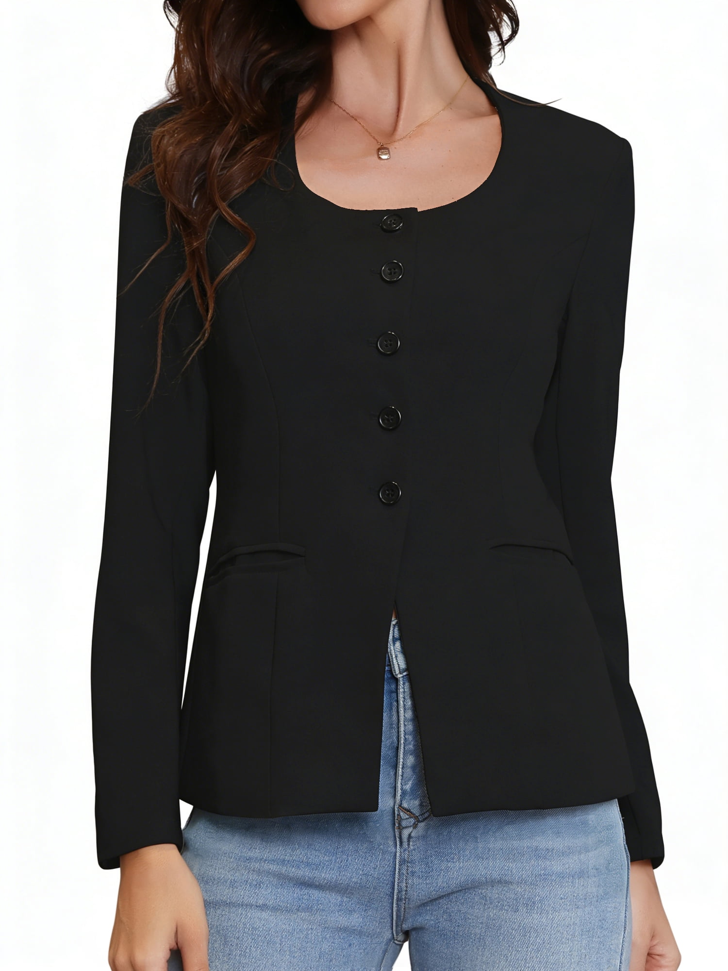DARING DIVA Women's Casual Collarless Button Down Scoop Neck Fitted Blazer M Black