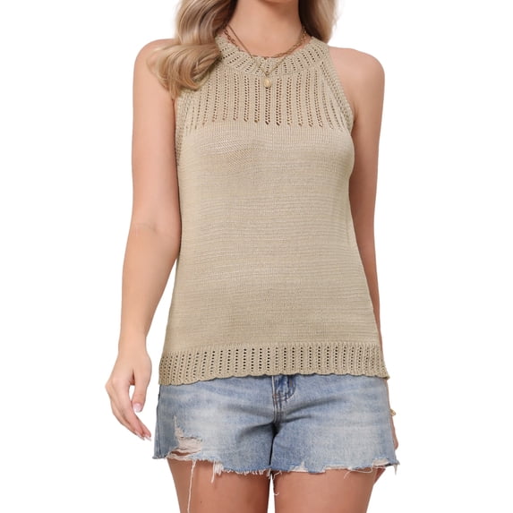 DARING DIVA Women's Casual Crew Neck Sleeveless Sweater Vest Beach Top S Khaki