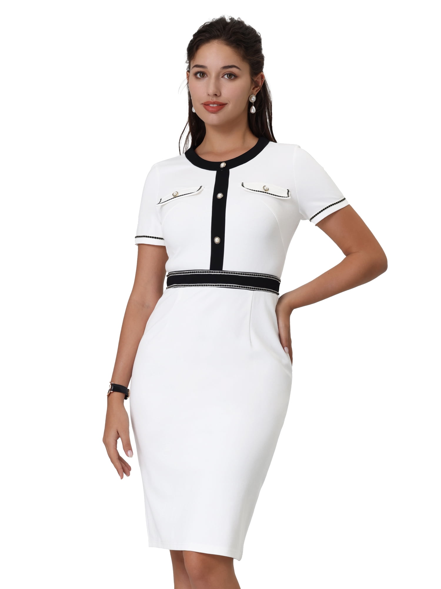 DARING DIVA Women's Casual Crew Neck Stretchy Bodycon Short Sleeves Work Dress L White