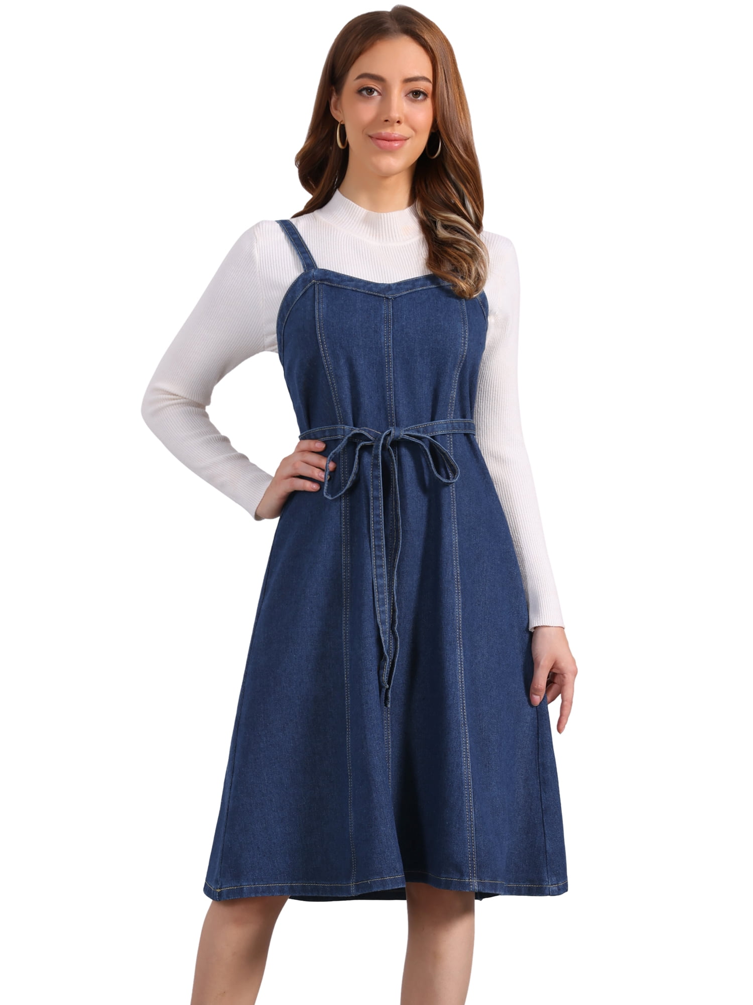 DARING DIVA Women's Casual Denim Overall Cross Back Belted Jean Dress XS Dark Blue