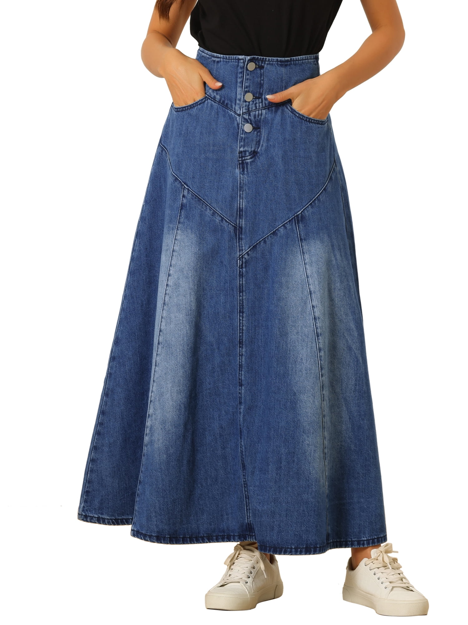 DARING DIVA Women's Casual Denim Skirt A-Line Flared Maxi Skirts M Blue