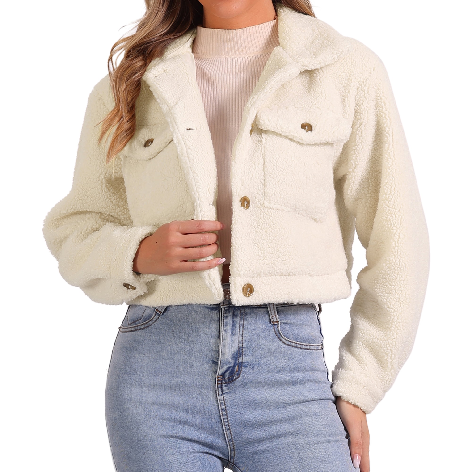 DARING DIVA Women's Fuzzy Fleece Jacket Faux Fur Button Winter Outerwear Short Coat S Beige