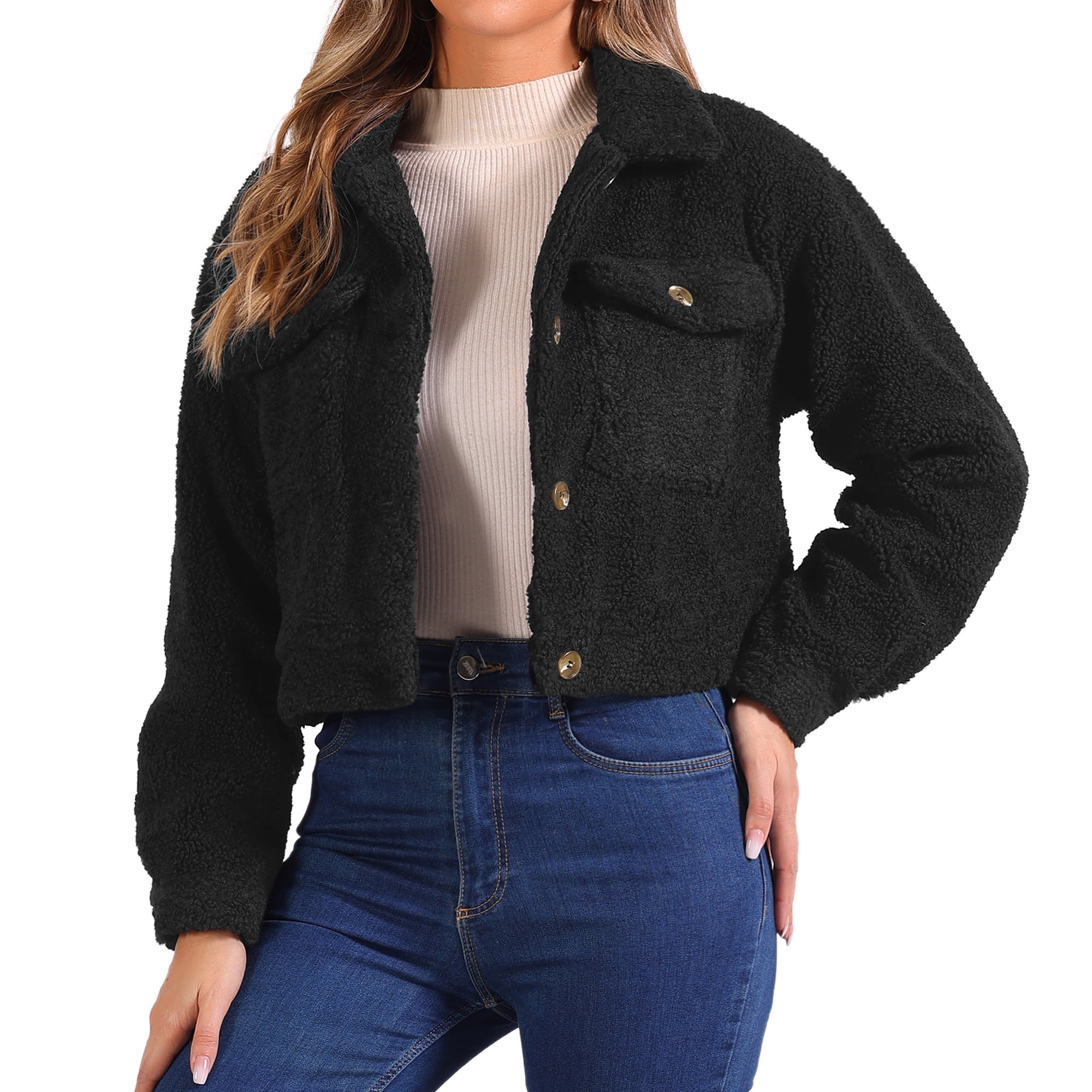 DARING DIVA Women's Fuzzy Fleece Jacket Faux Fur Button Winter Outerwear Short Coat XL Black