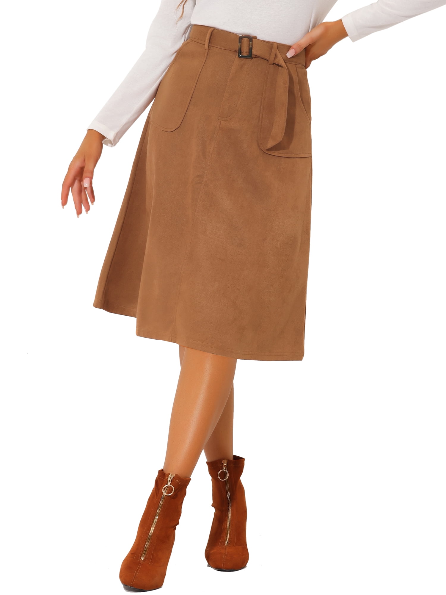 DARING DIVA Women's Faux Suede Pockets Stretch A-line Midi Skirt with Belt 3XL Caramel