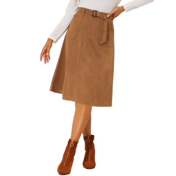 DARING DIVA Women's Casual Faux Suede Pockets Stretch A-line Midi Skirt 3XL Caramel