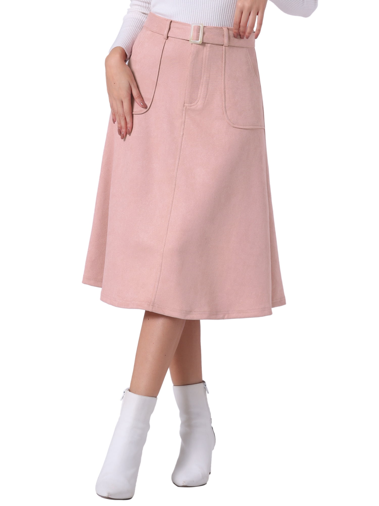 DARING DIVA Women's Casual Faux Suede Pockets Stretch A-line Midi Skirt M Pink