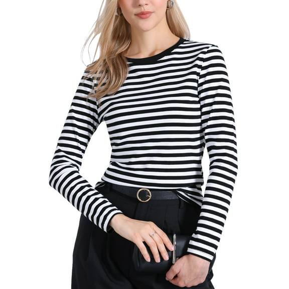 DARING DIVA Women's Casual Fitted Striped Long Sleeve Tees L Black White Stripe