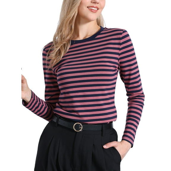 DARING DIVA Women's Casual Fitted Striped Long Sleeve Tees L Pink Stripe