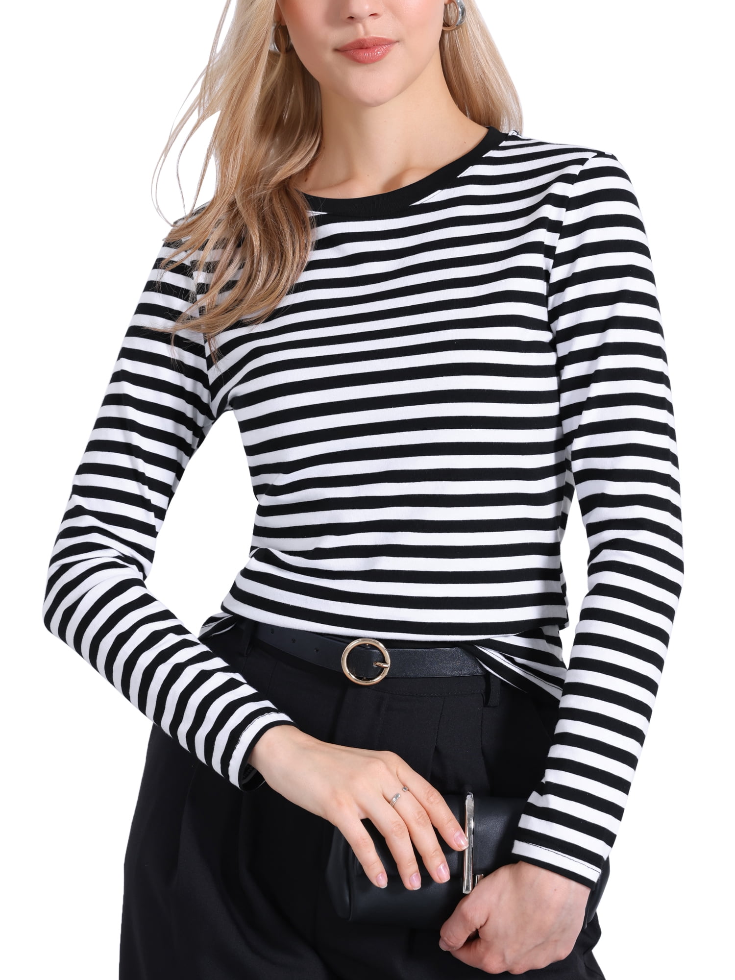 DARING DIVA Women's Striped Long Sleeve Cotton Crew Neck Fitted Tees S Black White Stripe