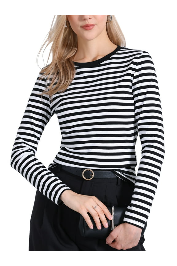 Women's Casual Fitted Striped Long Sleeve Tees S Black White Stripe