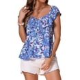 thumbnail image 1 of DARING DIVA Women's Casual Floral Scoop Neck Ruffle Short Sleeve Top XS Blue, 1 of 6