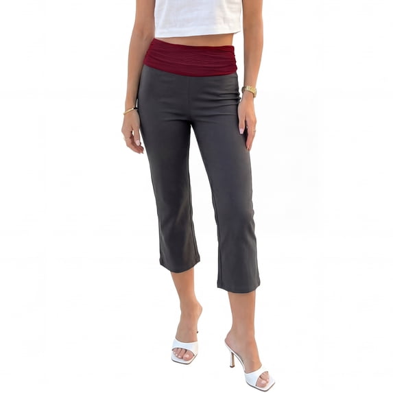 DARING DIVA Women's Casual Foldover Waistband Capris Legging L Dark Gray and Red