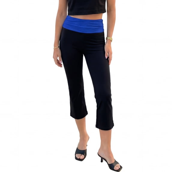 DARING DIVA Women's Casual Foldover Waistband Capris Legging S Black and Blue