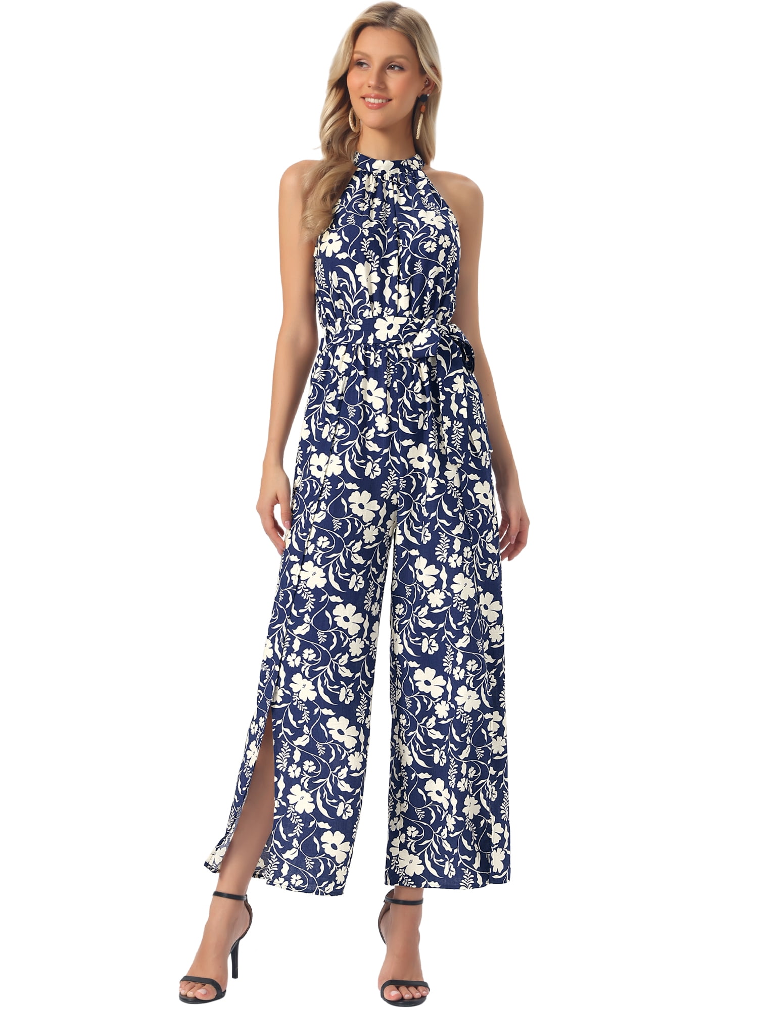 DARING DIVA Women's Casual Halter Sleeveless Boho Wide Leg Jumpsuit S Dark Blue