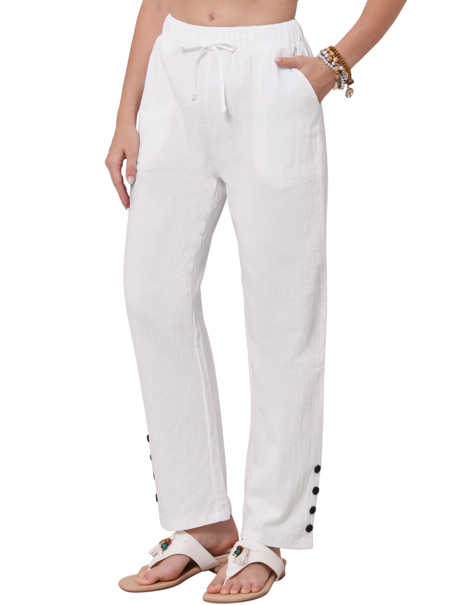 DARING DIVA Women's Linen Summer High Waist Drawstring Long Pants Large White