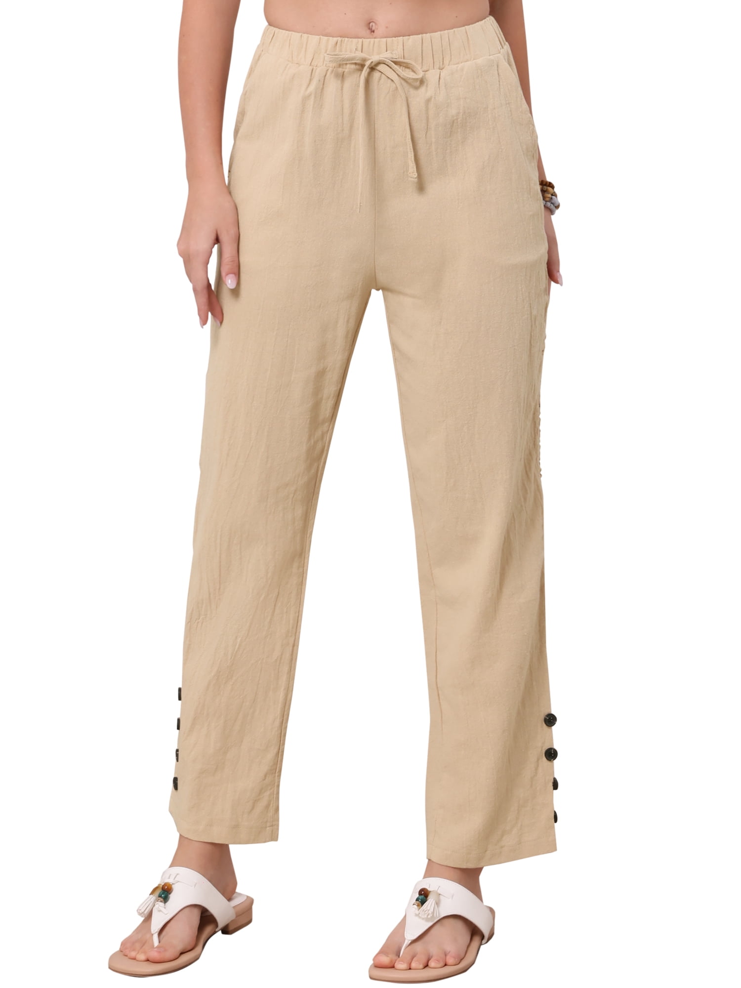 DARING DIVA Women's Linen Summer High Waist Drawstring Long Pants Medium Khaki