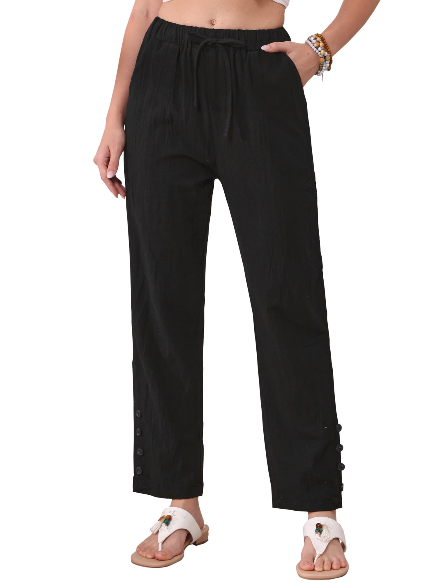 DARING DIVA Women's Linen Summer High Waist Drawstring Long Pants Small Black