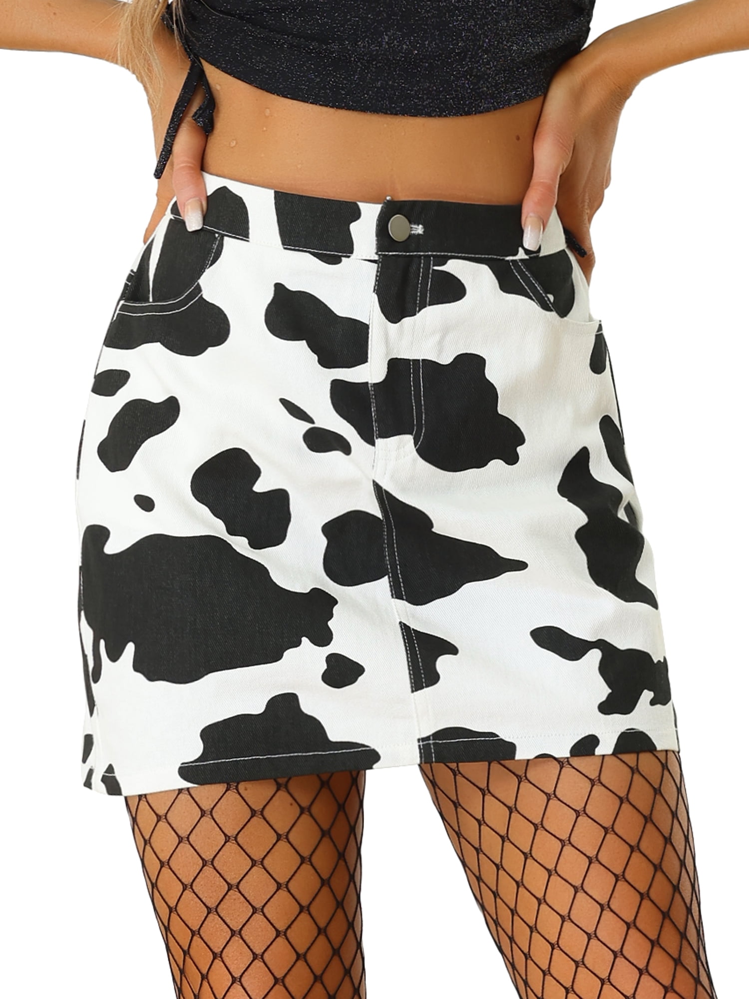 DARING DIVA Women's Casual High Waist Cotton Mini Cow Print Skirt 3XL White Black
