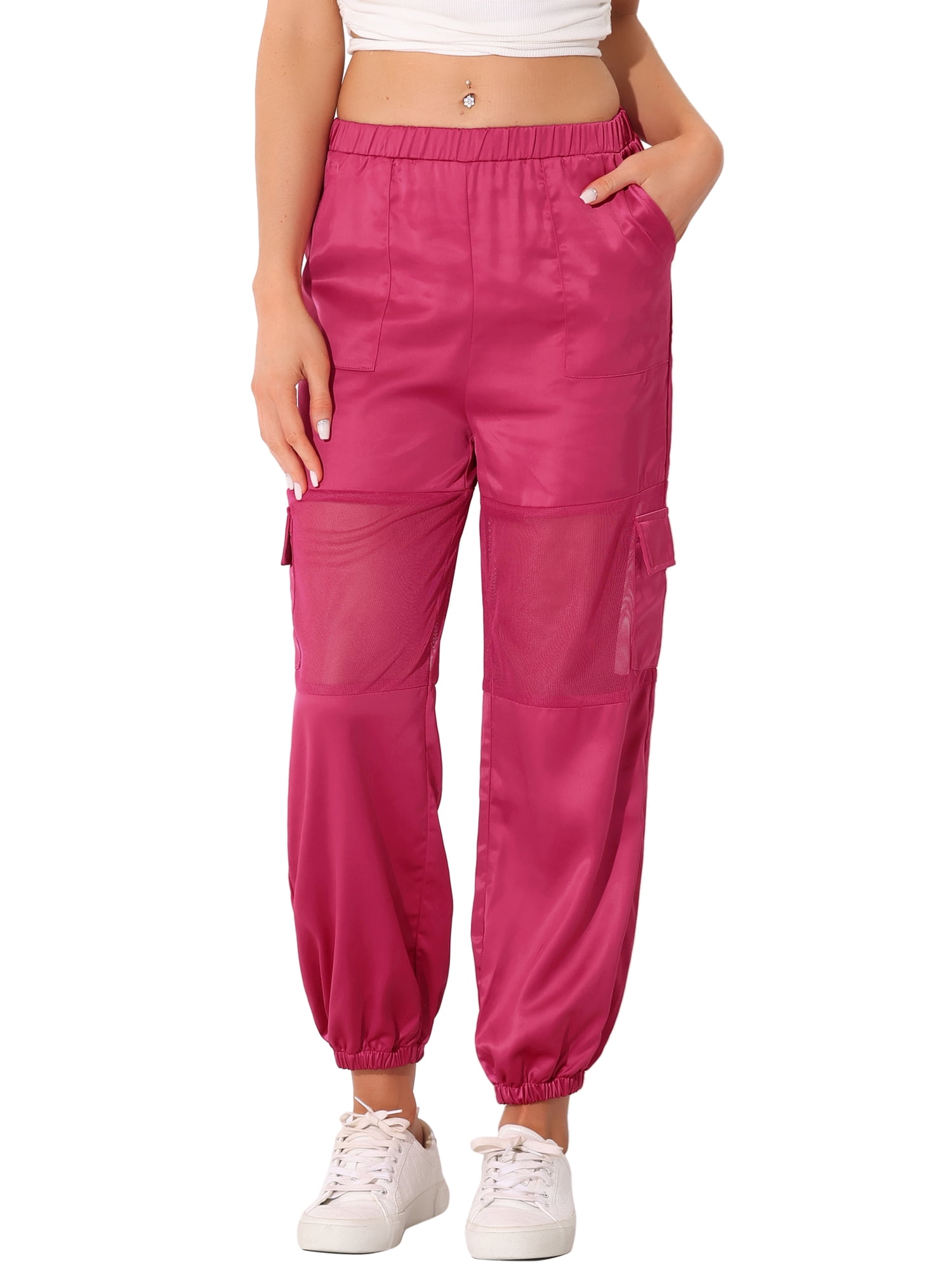 DARING DIVA Women's Casual High Waist Mesh Panel Cargo Baggy Pants L Hot Pink