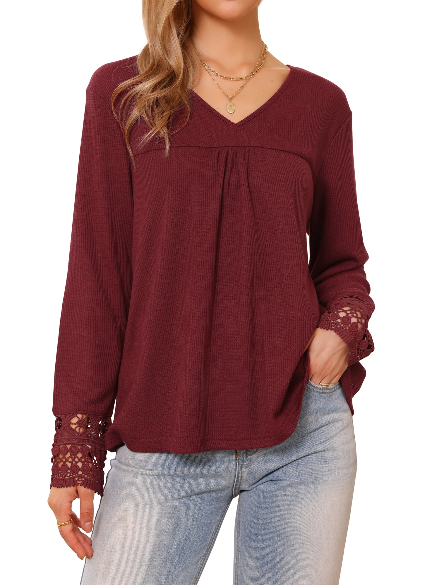 DARING DIVA Women's Long Sleeve V Neck Casual Tops Lace Blouses XS Wine Red