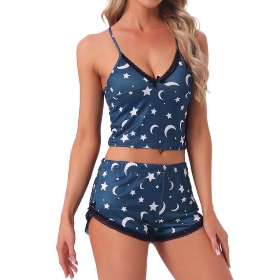 DARING DIVA Women's Casual Lace Trim Bow Soft Cami Top and Shorts Pajamas Set XL Blue