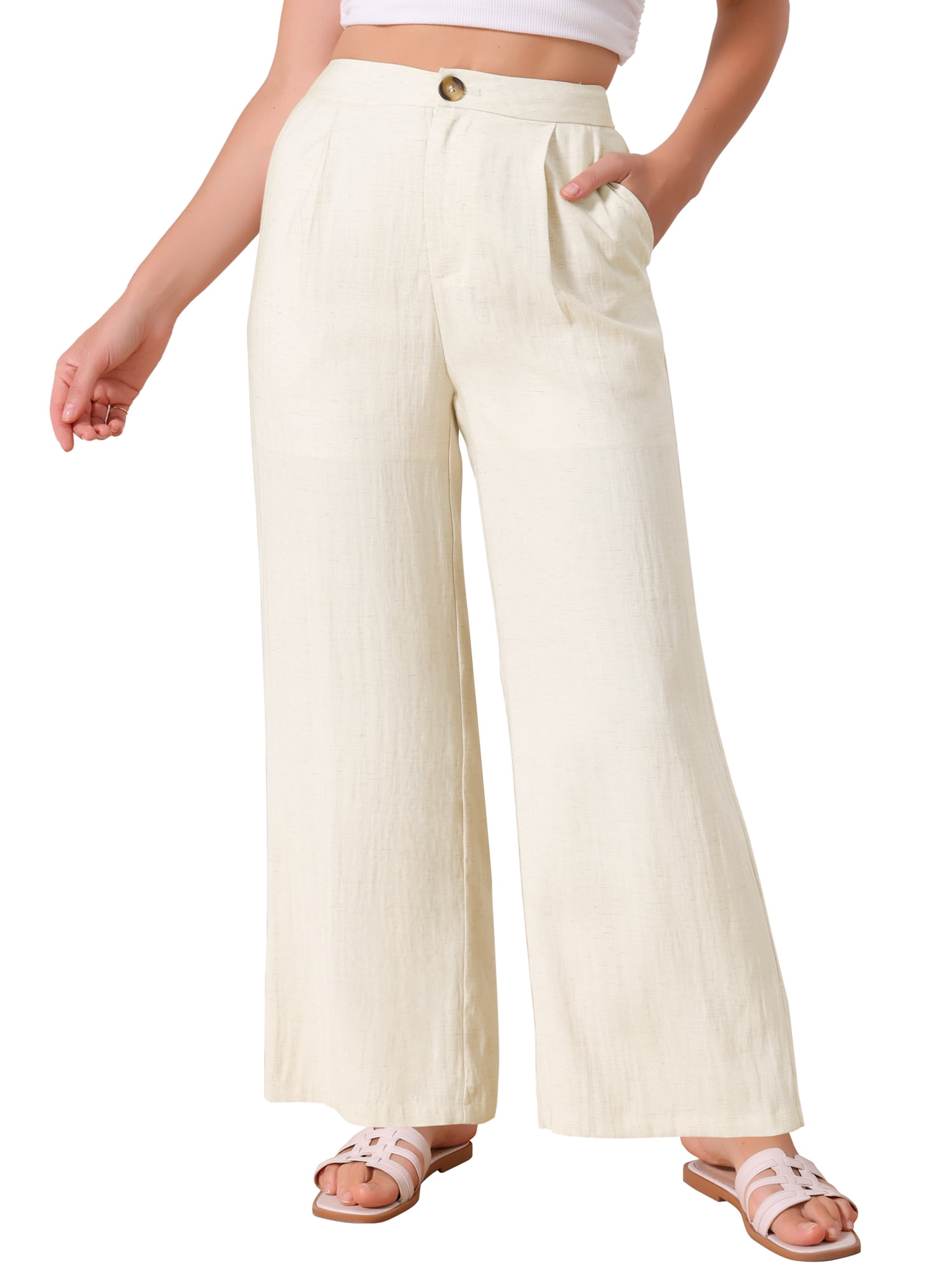DARING DIVA Women's Casual Linen High Waisted Wide Leg Pants S Beige