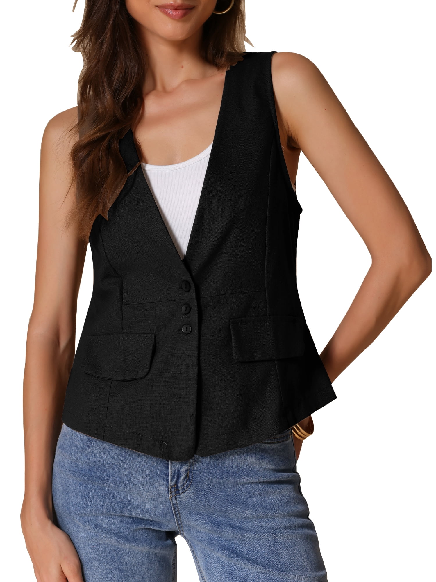 DARING DIVA Womens Linen Vest Loose Sleeveless Blazer Lightweight Jacket L Black