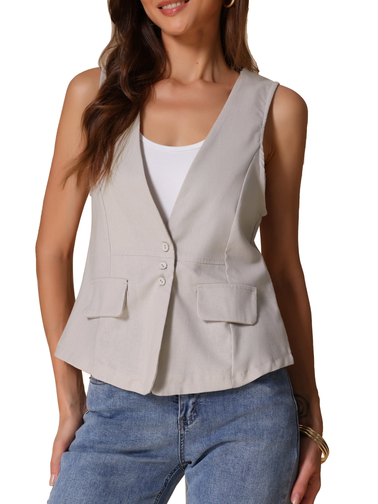 DARING DIVA Womens Linen Vest Loose Sleeveless Blazer Lightweight Jacket M Beige