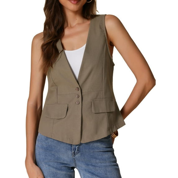 DARING DIVA Women's Casual Linen Vest Loose Lightweight Waistcoat S Khaki