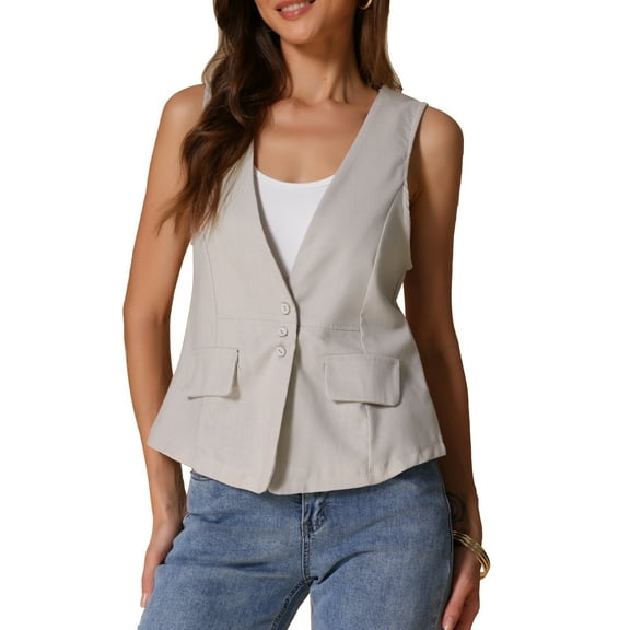 DARING DIVA Women's Casual Linen Vest Loose Lightweight Waistcoat XS Beige