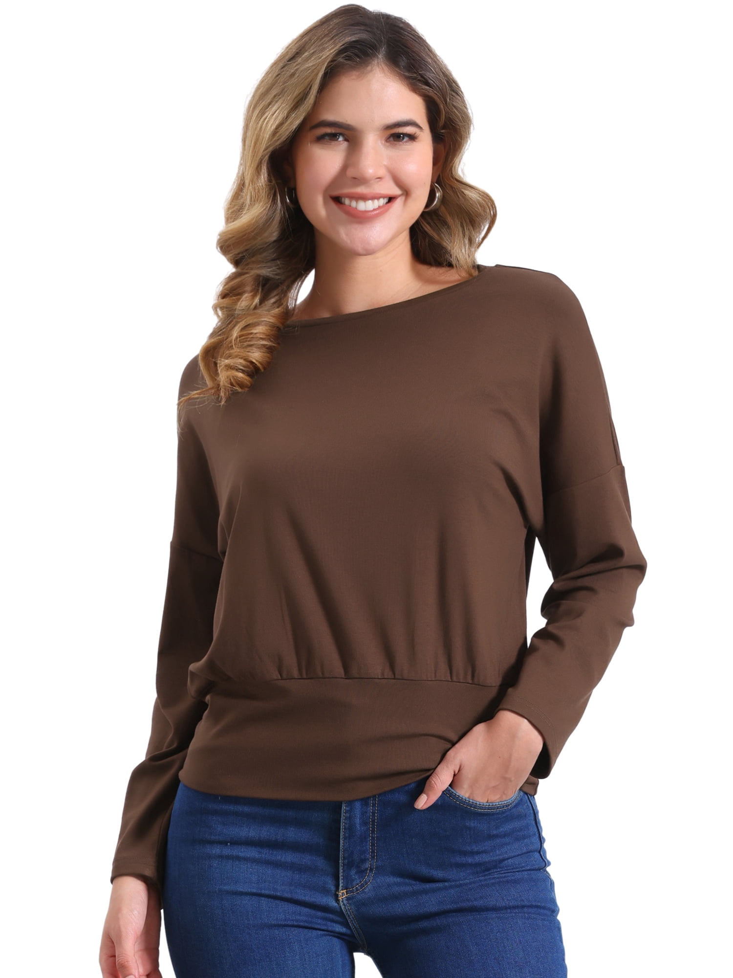 DARING DIVA Women's Casual Long Sleeve Knit Drop Shoulder Loose Blouses L Coffee
