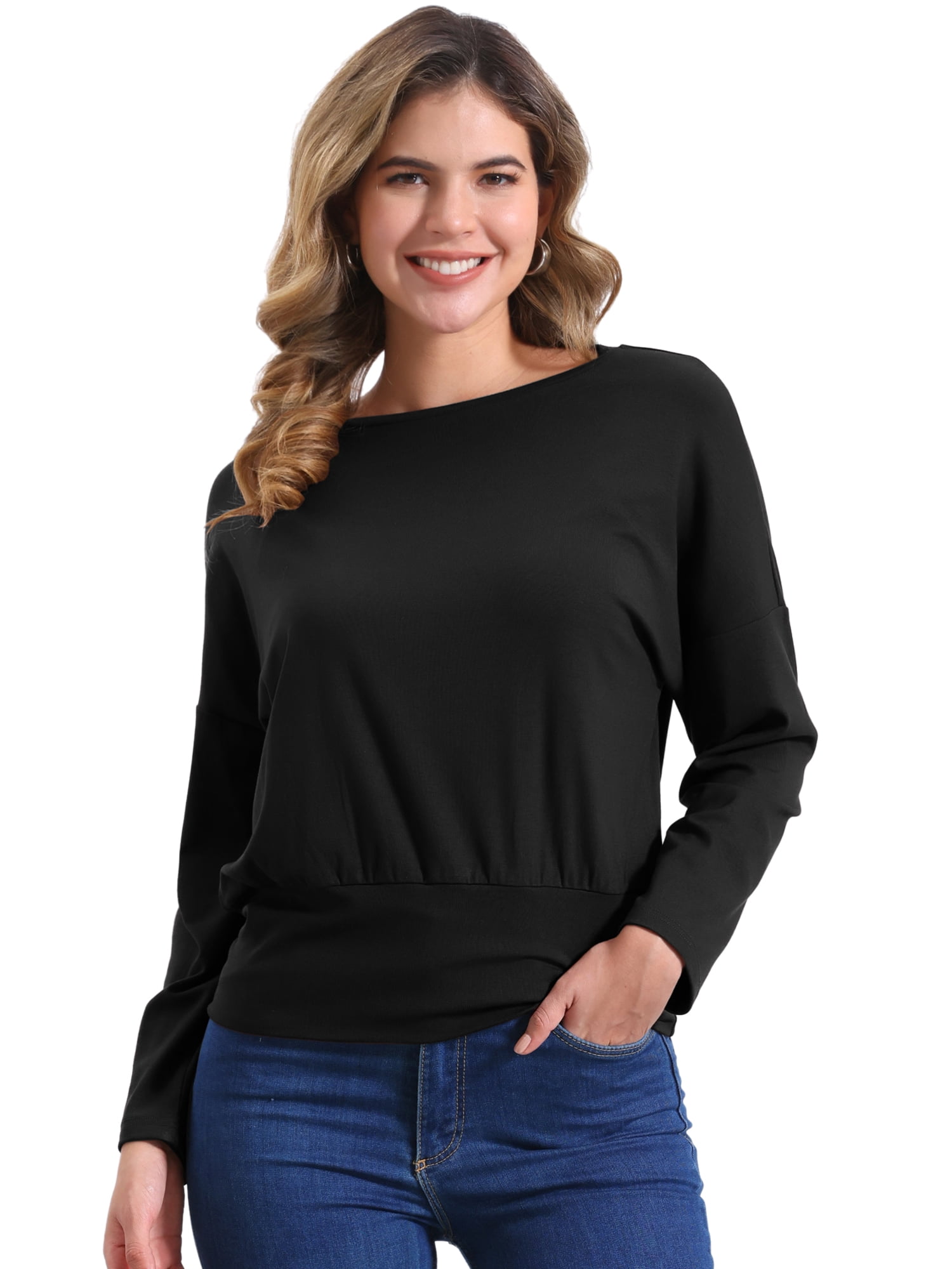 DARING DIVA Women's Casual Long Sleeve Knit Drop Shoulder Loose Blouses M Black
