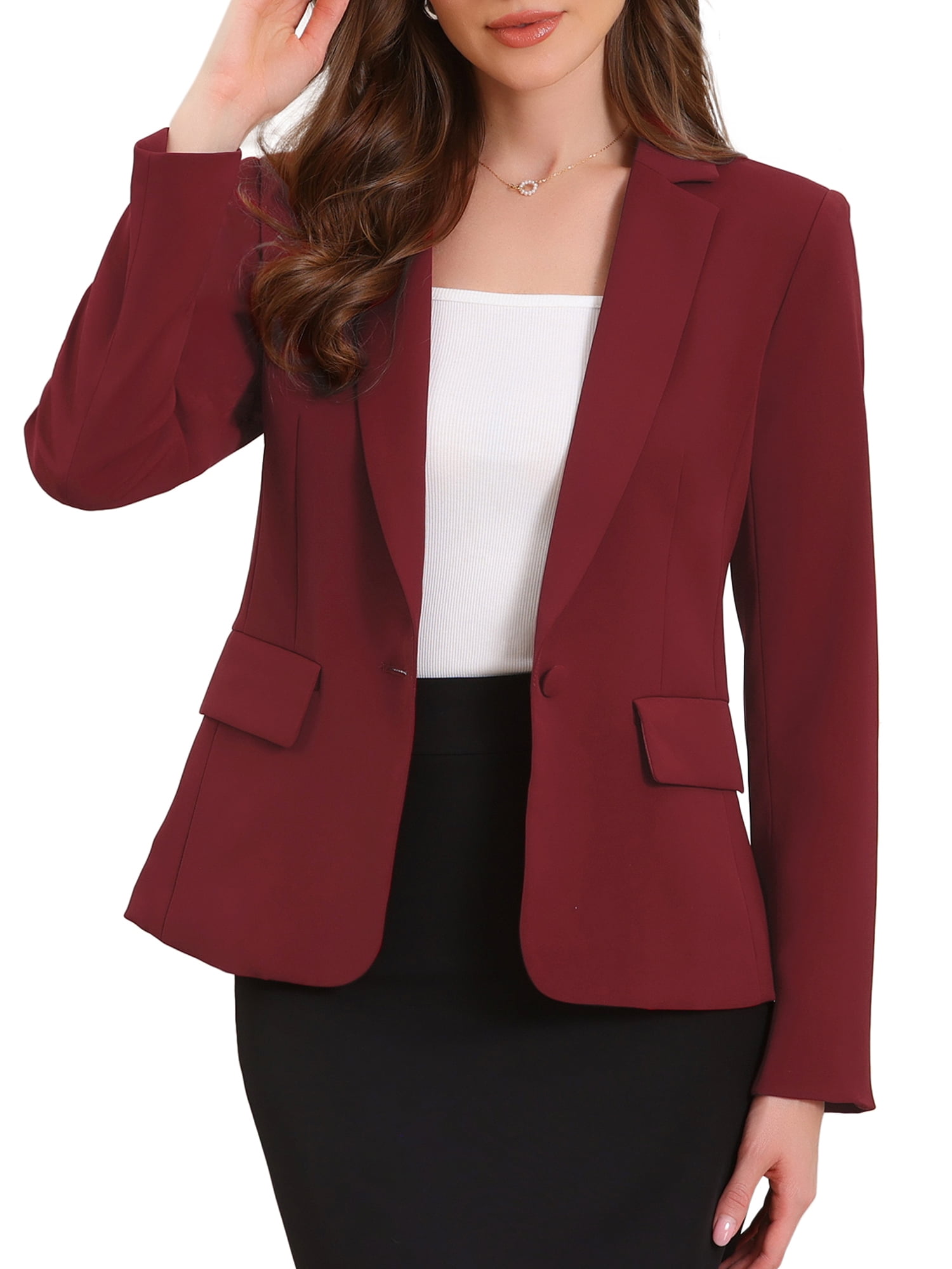 DARING DIVA Women's Casual Long Sleeve One Button Pockets Suit Jacket M Wine Red