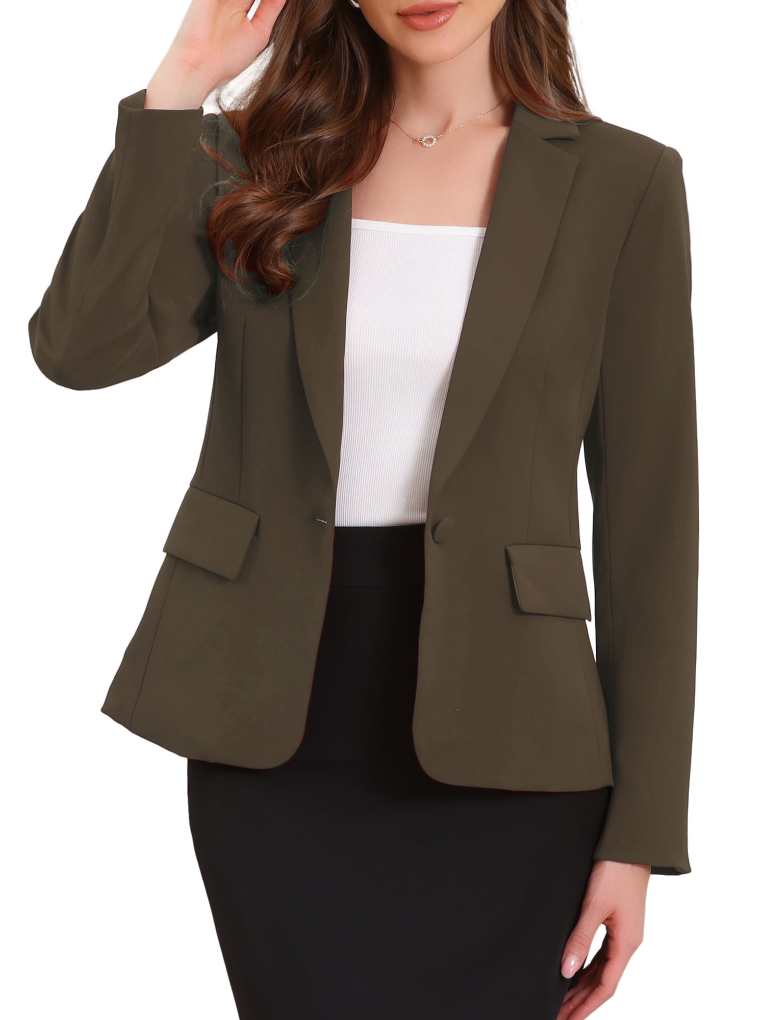 DARING DIVA Women's Casual Long Sleeve One Button Pockets Suit Jacket S Coffee