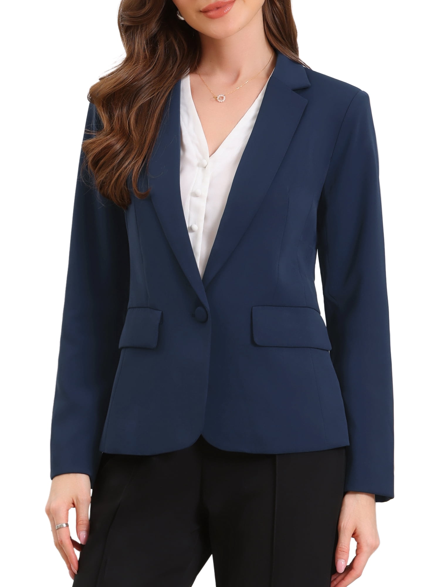 DARING DIVA Women's Casual Long Sleeve One Button Pockets Suit Jacket S Deep Blue