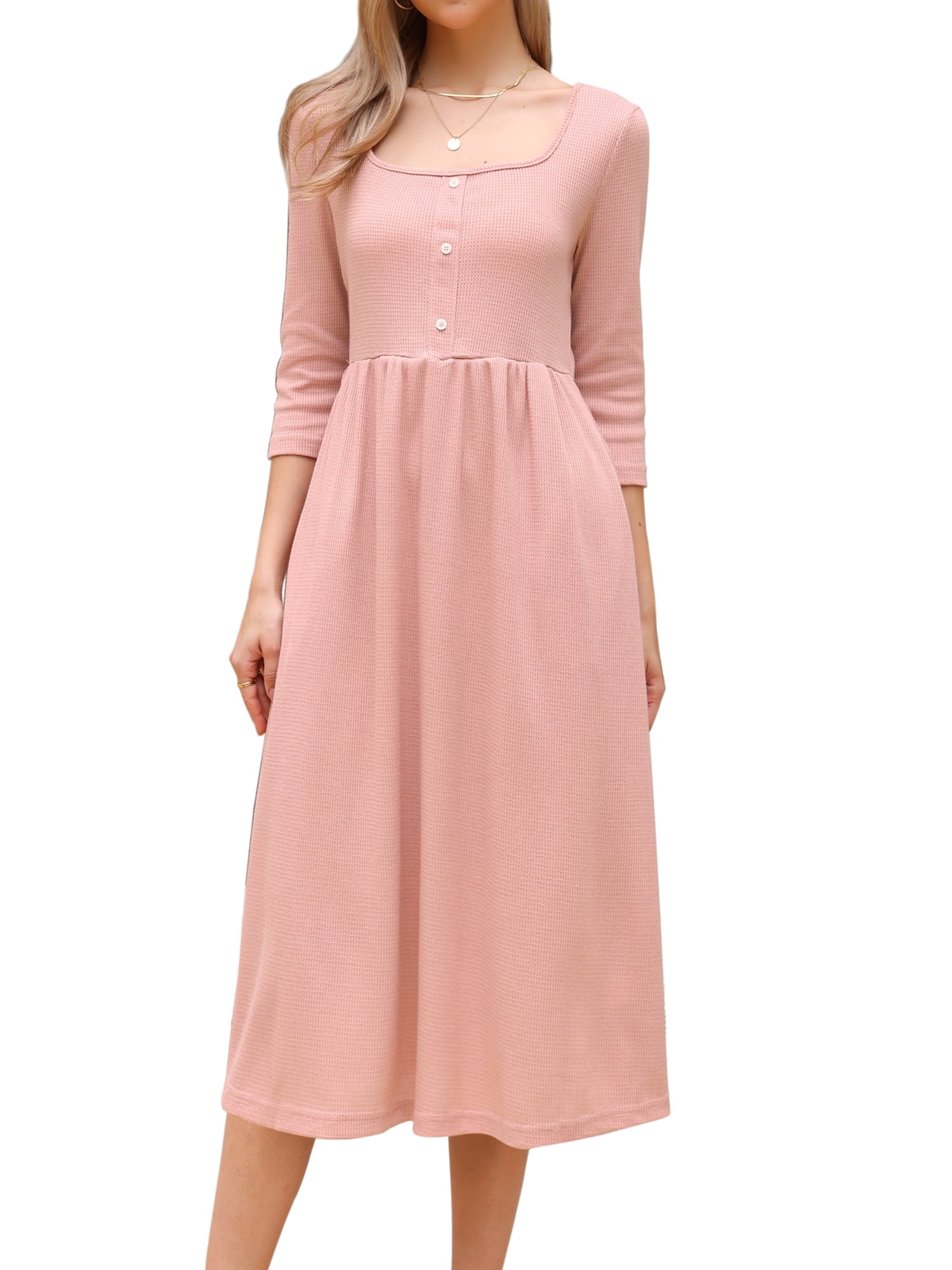 DARING DIVA Women's Casual Midi 3/4 Sleeves Square Neckline Dress L Pink