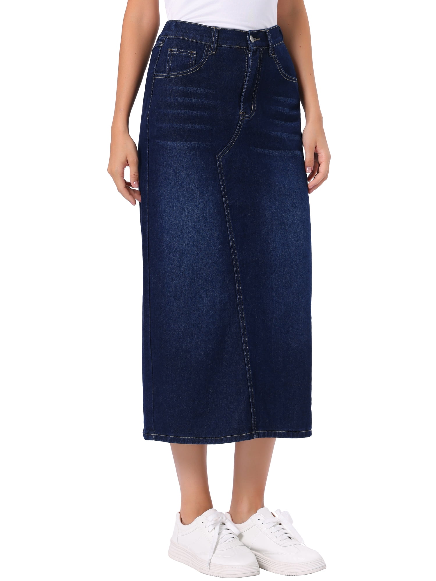 DARING DIVA Women's Casual Midi Length Split Back High Waist Long Jean Skirts S Blue
