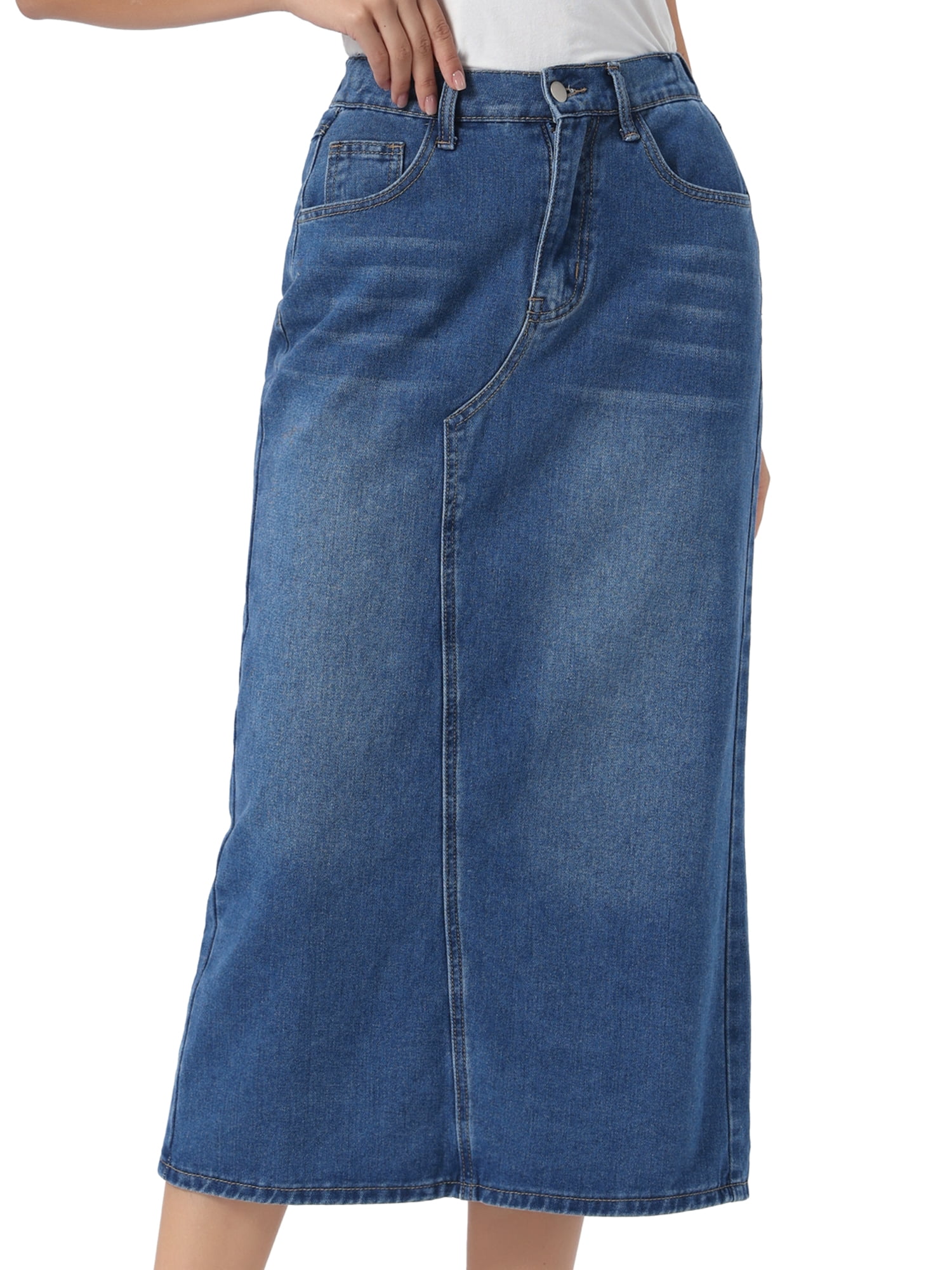 DARING DIVA Women's Casual Midi Split Back High Waist Long Jean Skirts XL Medium Blue