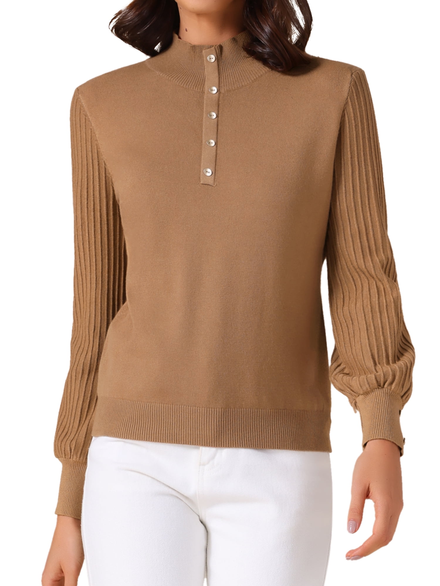 DARING DIVA Women's Casual Mock Neck Long Sleeve Button Knit Top L Brown