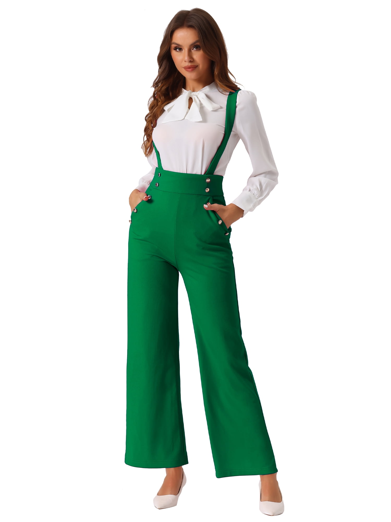 DARING DIVA Women's Casual Office Adjustable Straps Wide Leg Overalls XS Dark Green