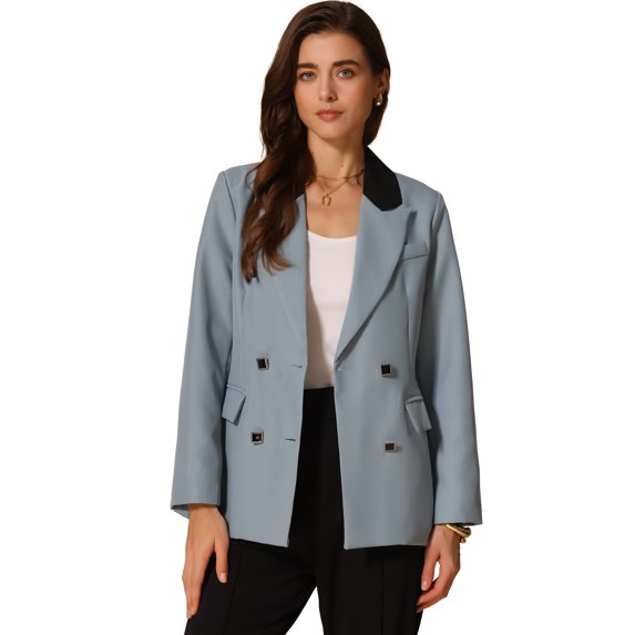 DARING DIVA Women's Casual Open Front Blazer Suit Jacket with Pockets M Blue