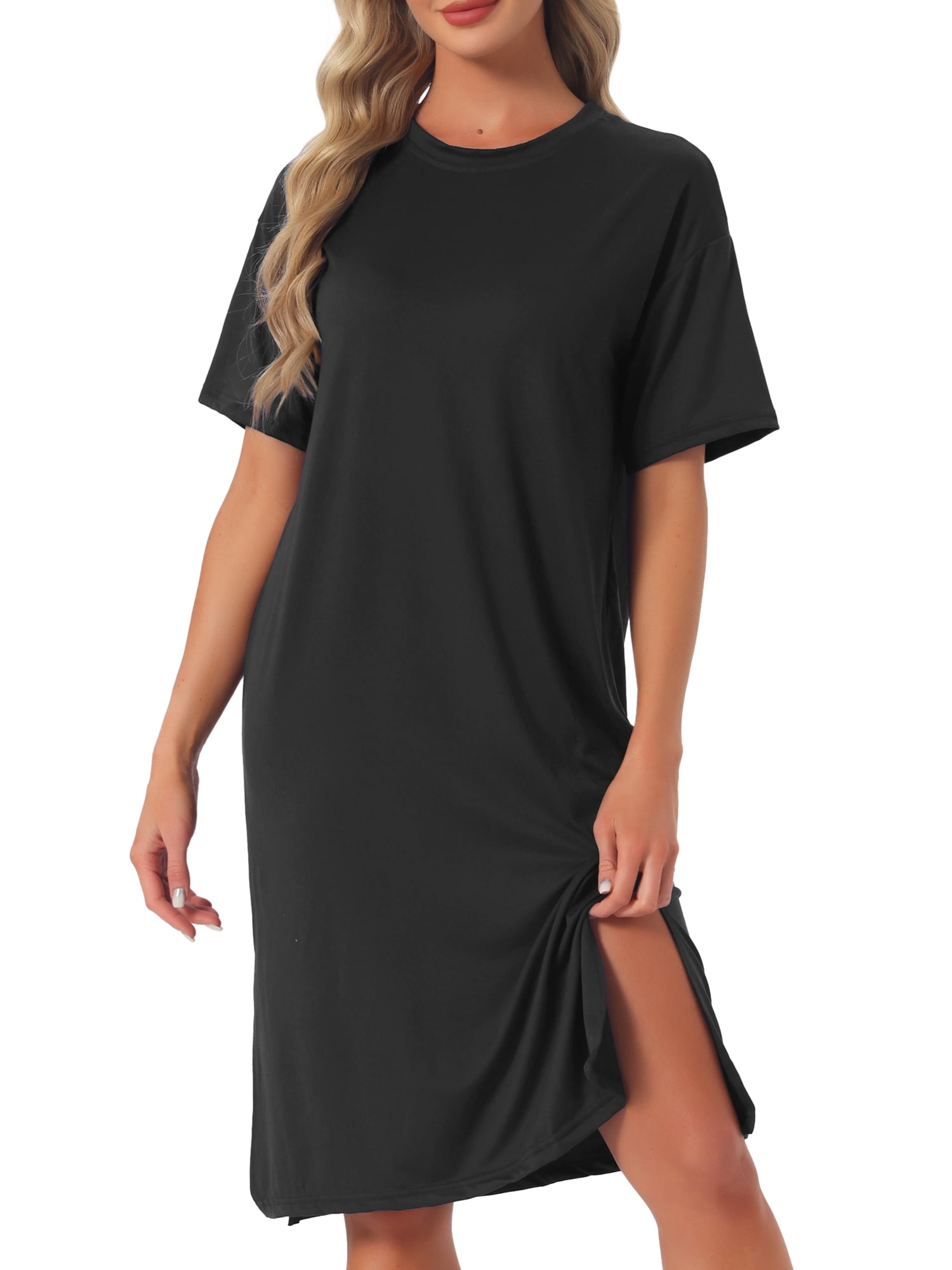 DARING DIVA Women's Casual Pajama Dress Loose Fit Short Sleeve Sleepwear L Black
