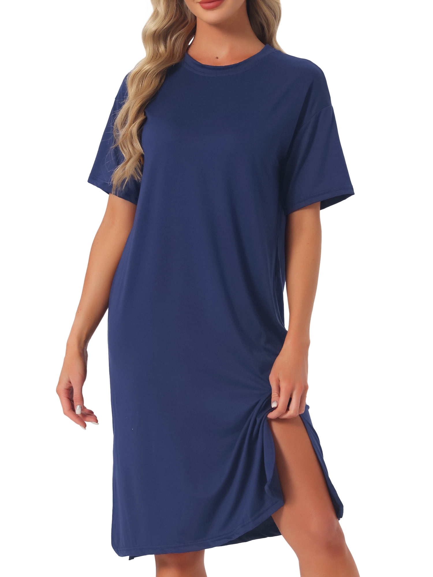 DARING DIVA Women's Casual Pajama Dress Loose Fit Short Sleeve Sleepwear L Blue