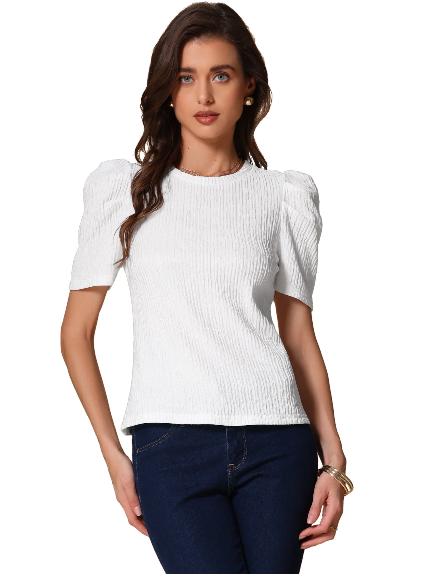 DARING DIVA Women's Casual Short Sleeves Blouses L White