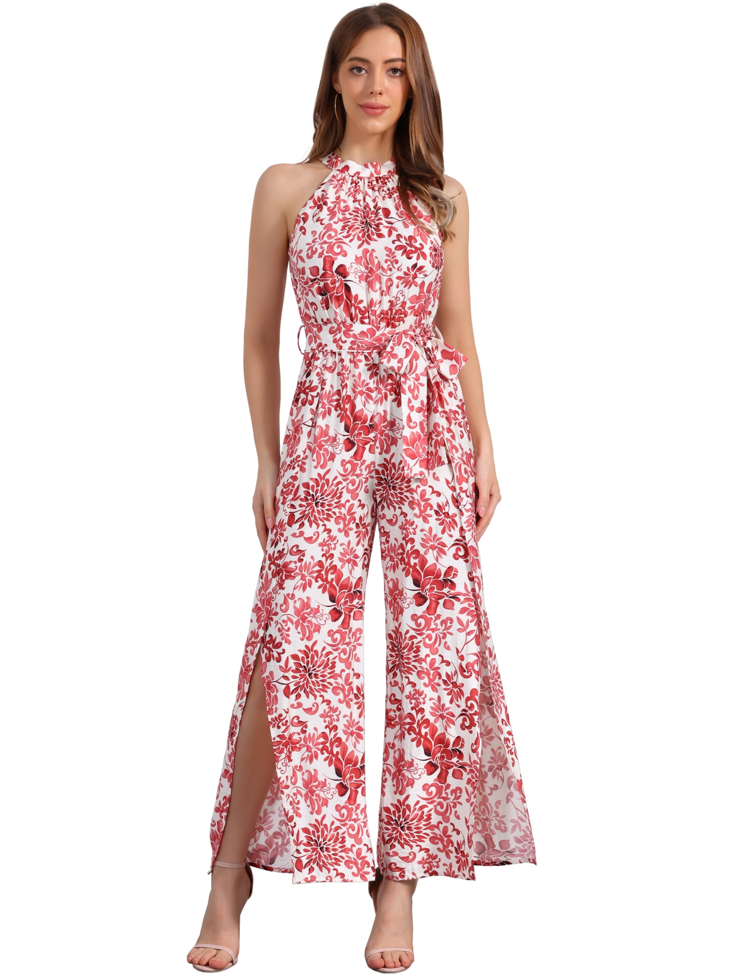 DARING DIVA Women's Casual Halter Sleeveless Boho Wide Leg Jumpsuit XS Red