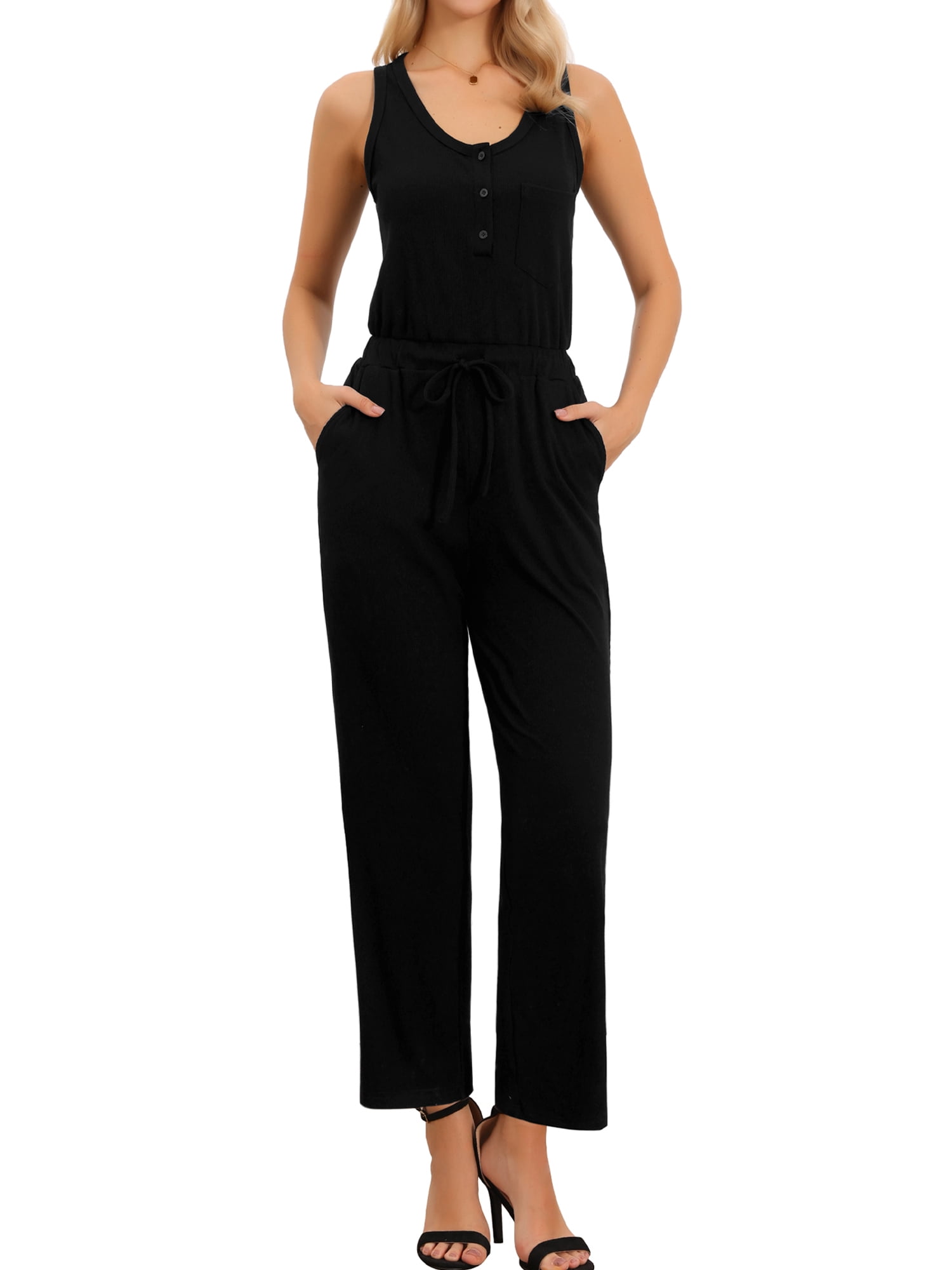 DARING DIVA Women's Casual Sleeveless Crew Neck Wide Leg Pants XL Black