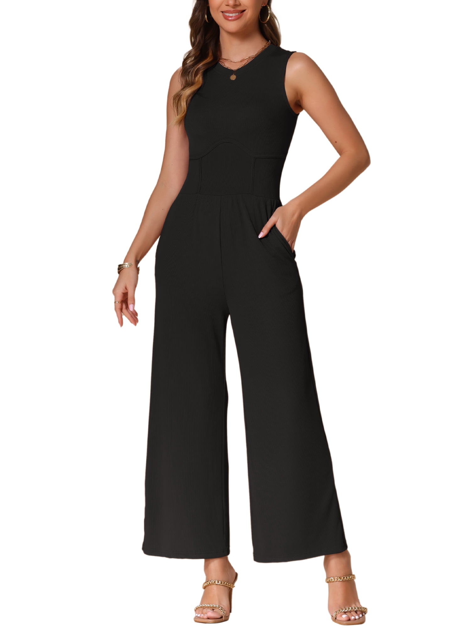DARING DIVA Women's Casual Sleeveless Crew neck Wide Leg Jumpsuits S Black