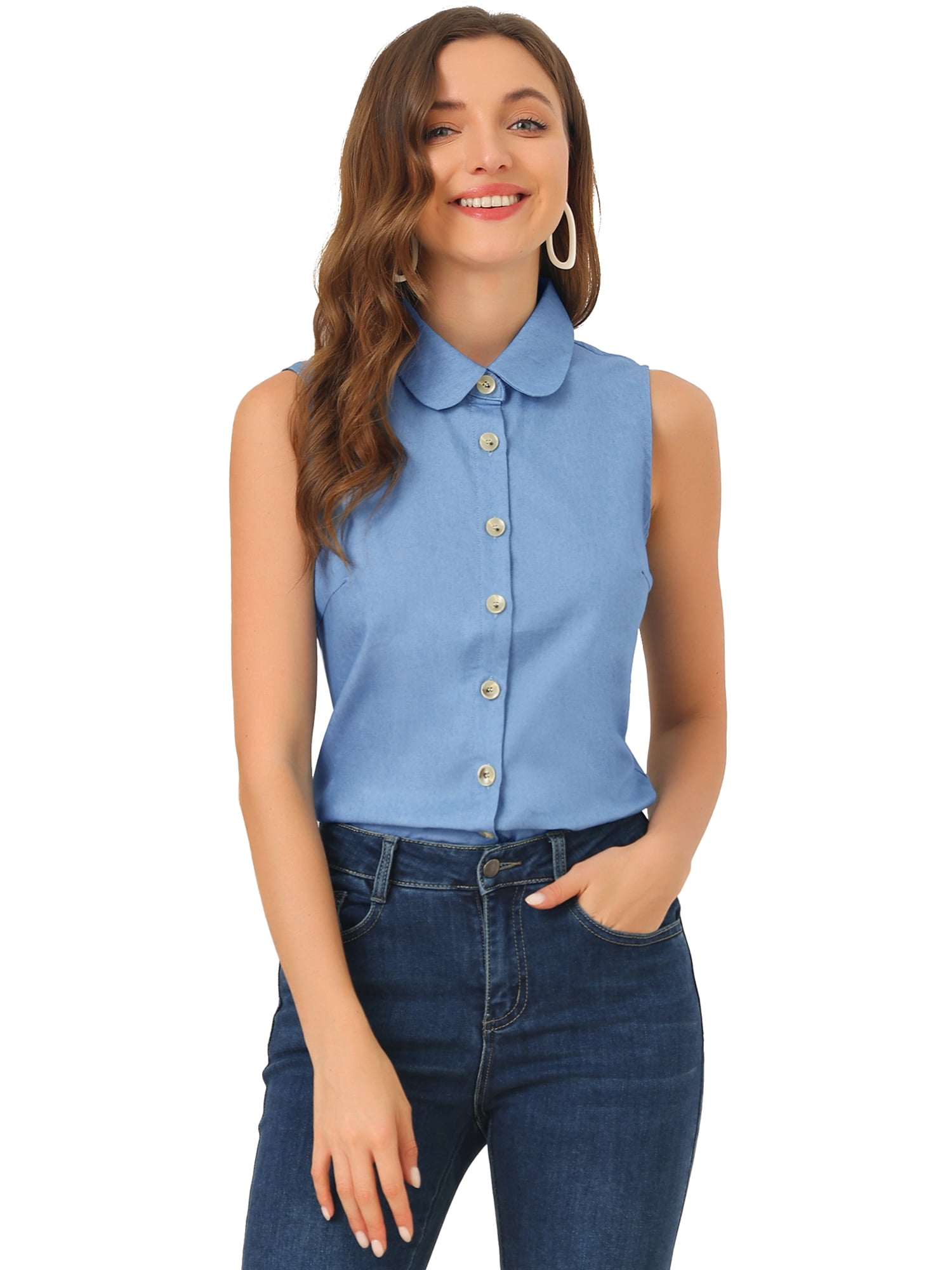 DARING DIVA Women's Casual Sleeveless Peter Pan Collar Chambray Shirt L Blue