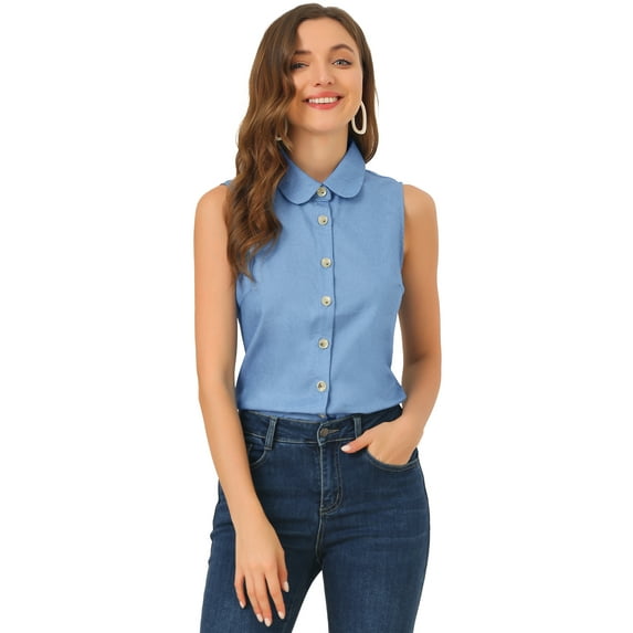 DARING DIVA Women's Casual Sleeveless Peter Pan Collar Chambray Shirt S Blue
