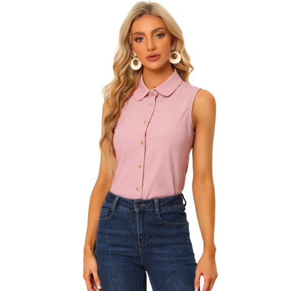 DARING DIVA Women's Casual Sleeveless Peter Pan Collar Chambray Shirt XS Pink